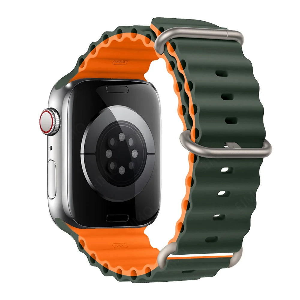 Apple Watch Silicone Strap in green and orange, showcasing waterproof and breathable design for active lifestyles.