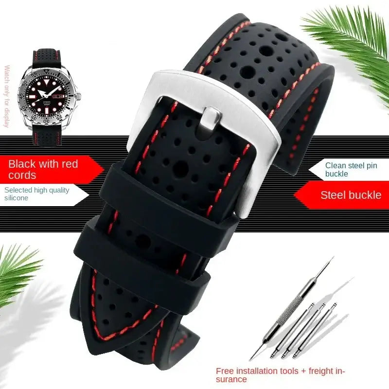 Breathable black silicone watch band with red cords and steel buckle, perfect for style and comfort for your Suunto watch.