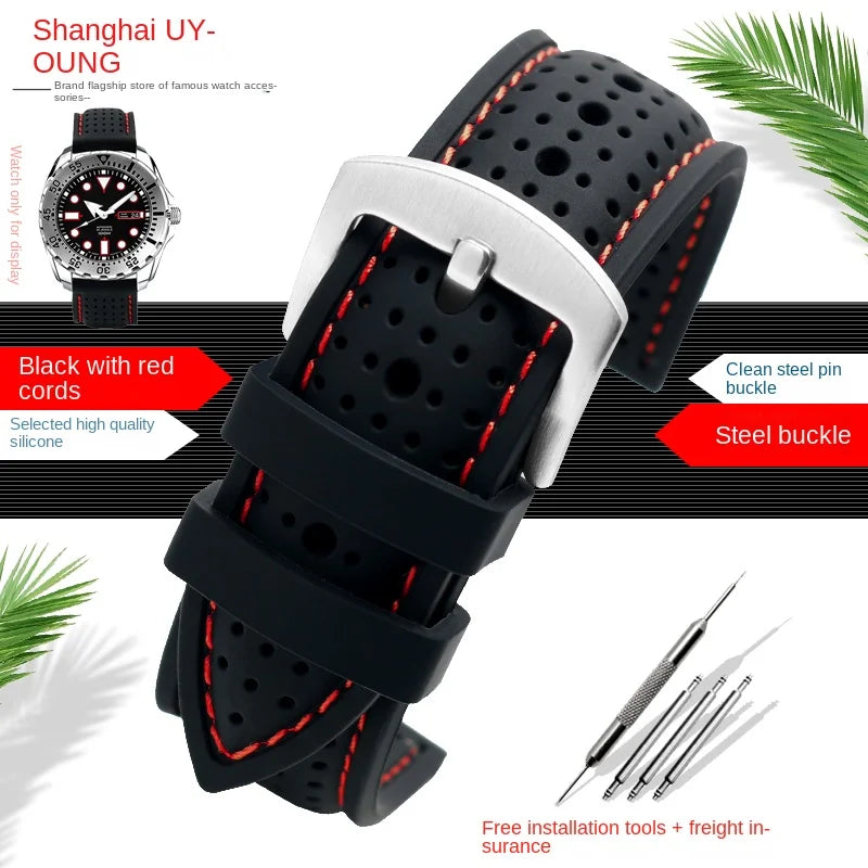 Polar Perforated Silicone Band with Contrast Stitching — Black / Red Stitching / Silver Buckle