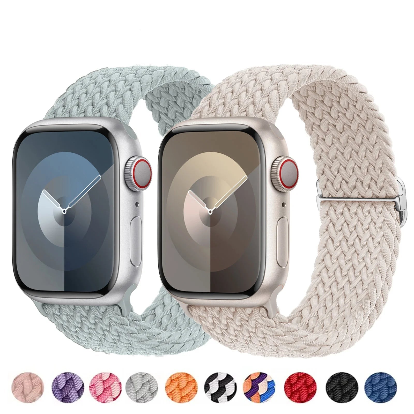 Apple Watch Braided Strap in blue and beige, showcasing soft elastic nylon band designs, perfect for comfort and style.