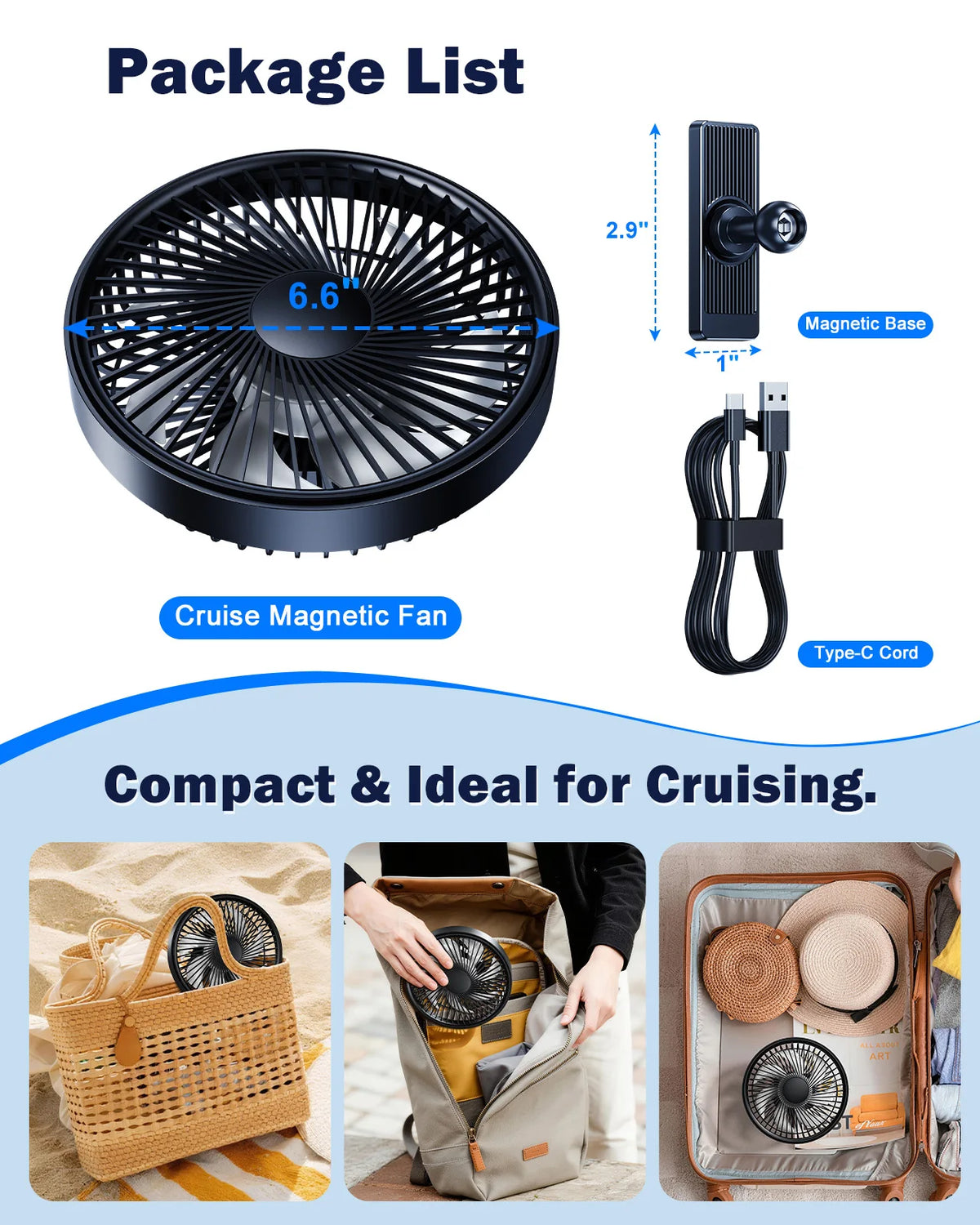 Magnetic Golf Cart Fan, Rechargeable, 3 Speeds