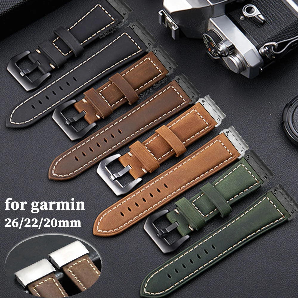 Garmin QuickFit Vintage Leather Band leather straps in several colors laid flat