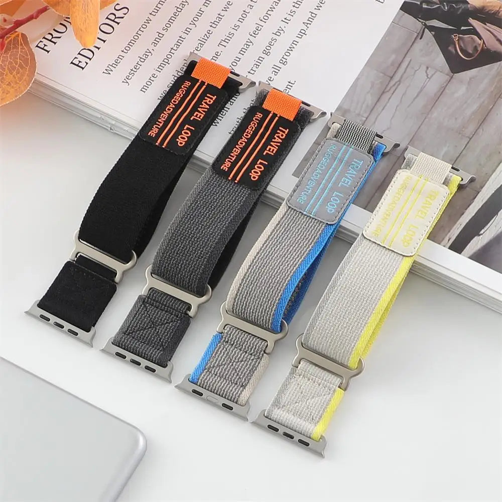 Apple Watch Nylon Bands - Rugged Trail Loop in black, gray, blue, and yellow, showcasing durability for active lifestyles.