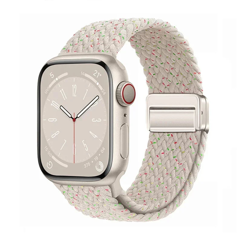 Apple Watch with a braided nylon band, showcasing a stylish and comfortable design for all-day wear.