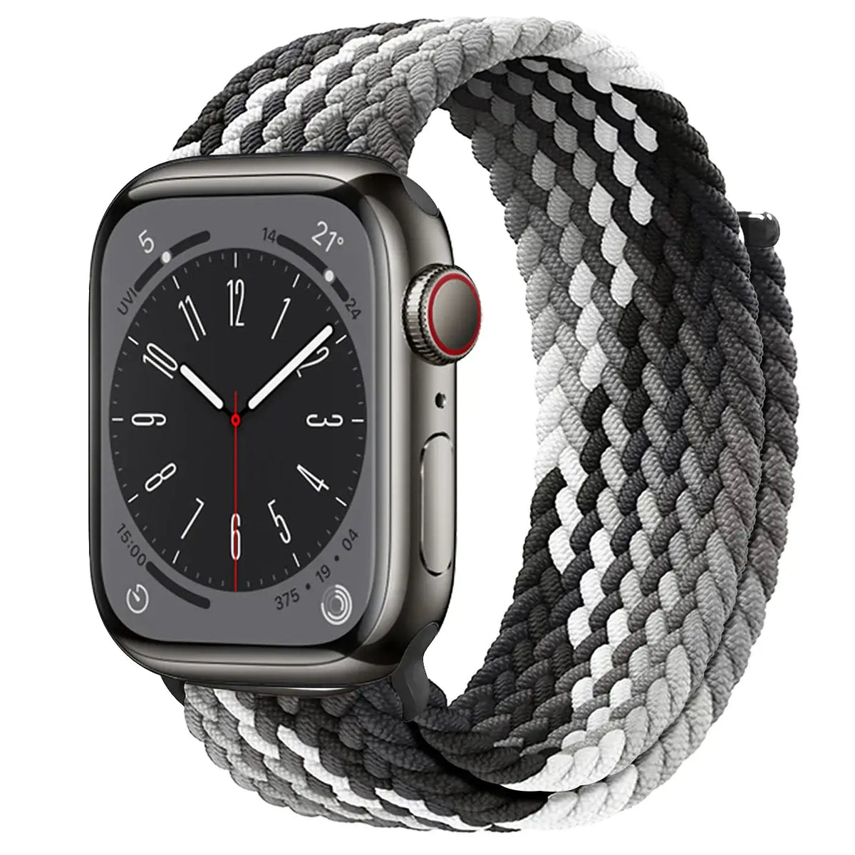 Black / White braided nylon Apple Watch band with hook-and-loop closure