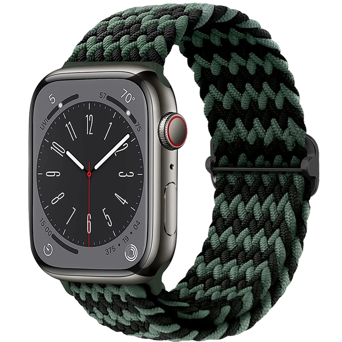 Apple Watch with braided elastic nylon strap in black and green, showcasing a lightweight and flexible design.