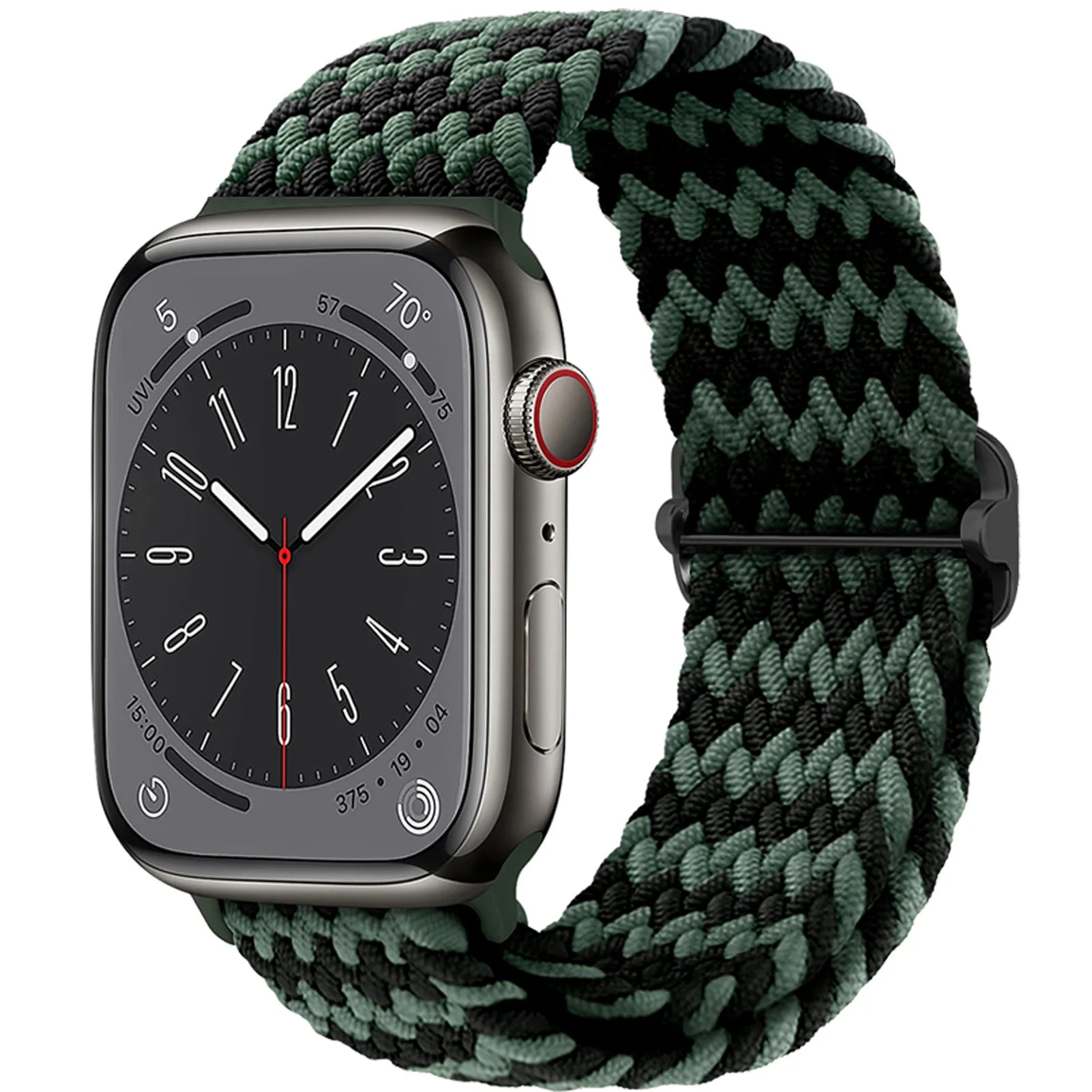 Apple Watch with braided elastic nylon strap in black and green, showcasing a lightweight and flexible design.
