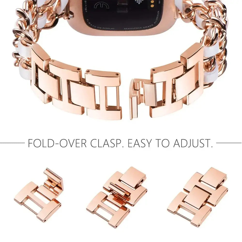 Fitbit Versa & Sense Leather-Woven Chain Band - Fold-over clasp and removable links