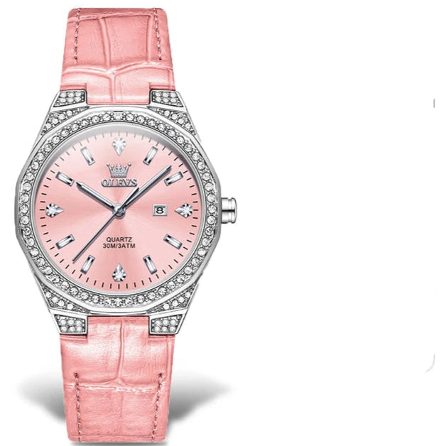 Women's Crystal Bezel Leather Date Watch — Pink leather watch front view — BandsCo Straps