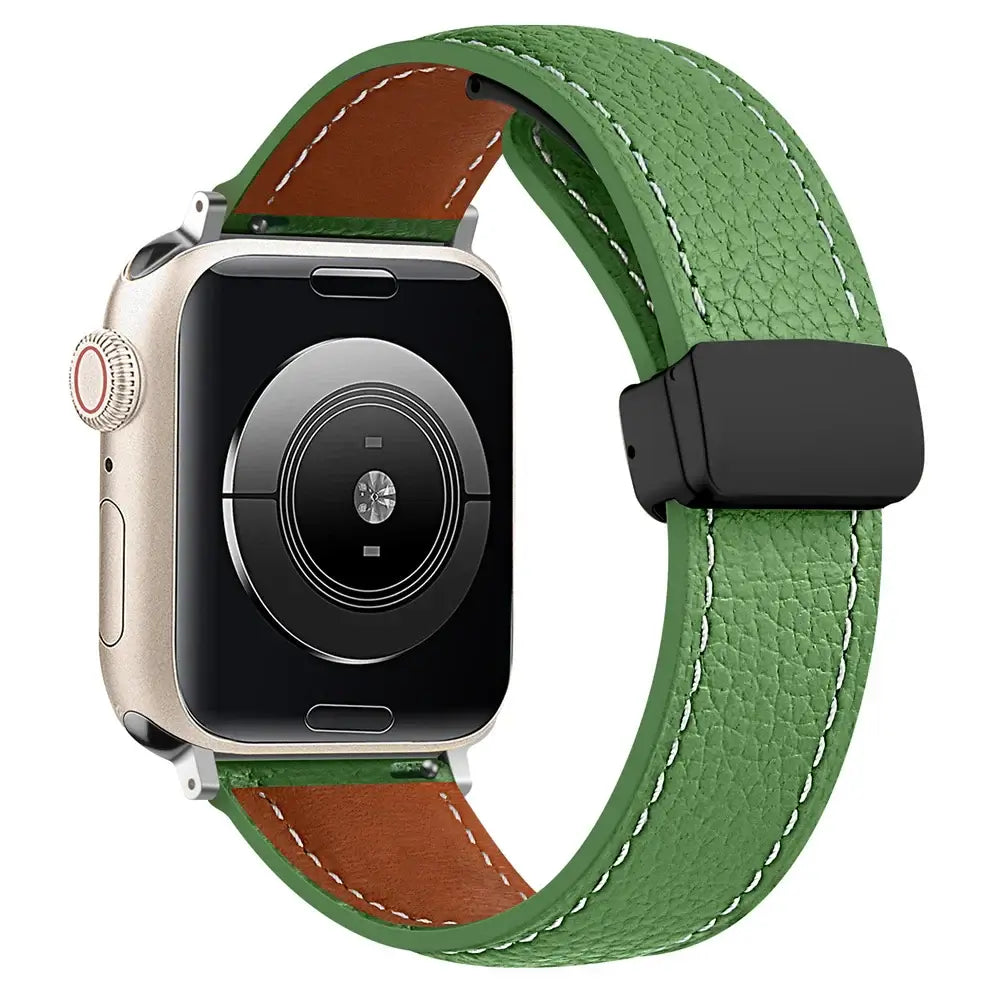 Stitched leather Apple Watch band in Green, with black folding clasp.