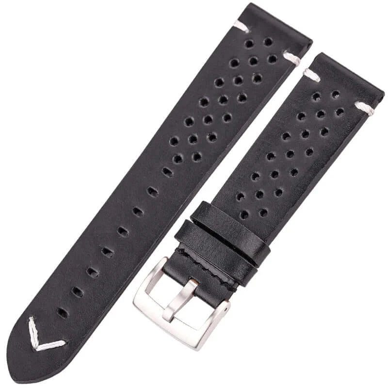 Perforated Leather Band with V Stitch in Black / Silver Buckle for compatible Huawei watches