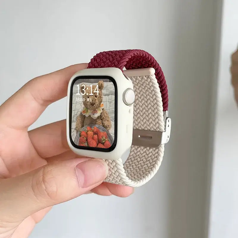White Case - Ivory / Burgundy woven nylon Apple Watch band with matching case