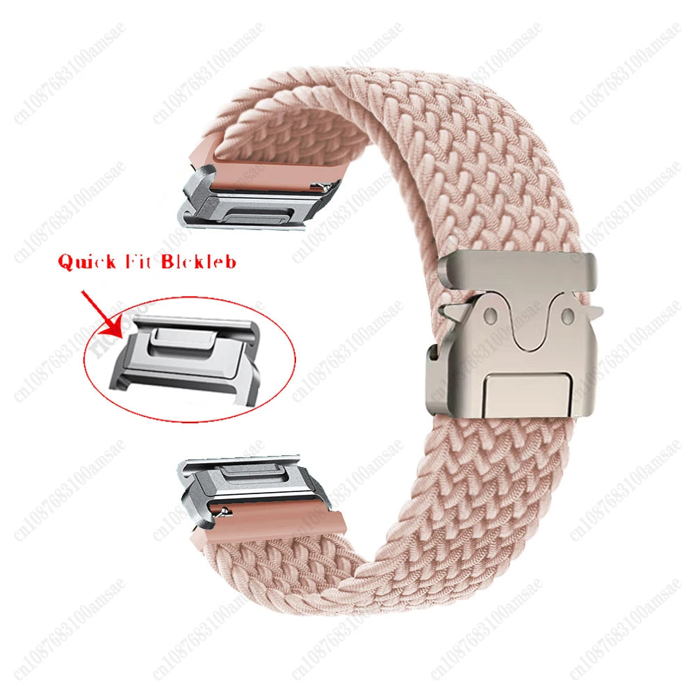 Garmin braided nylon strap with quick fit buckle in soft pink, suitable for smartwatch replacement bands.