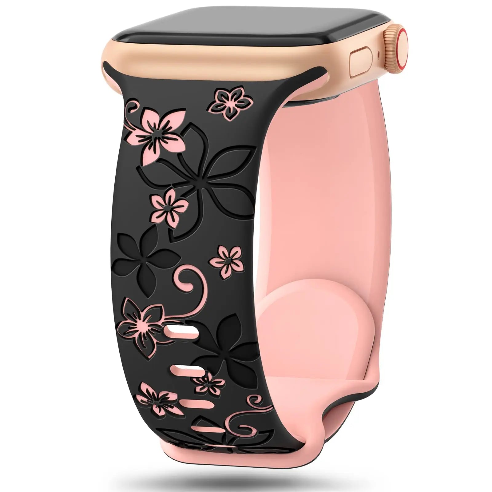 Apple Watch silicone strap with floral designs in black and pink, combining style and comfort for daily wear.