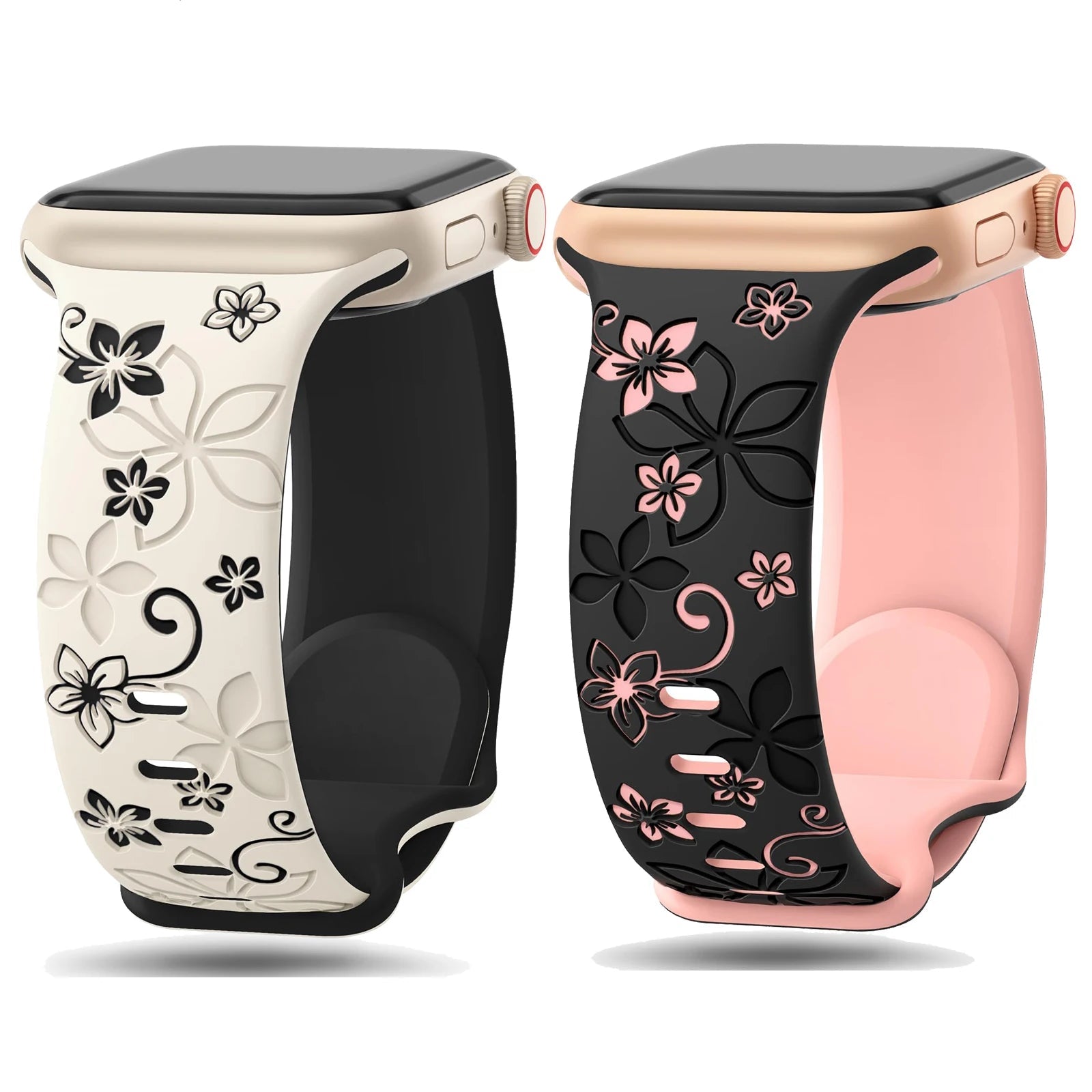 Apple Watch Silicone Straps in floral designs – black and white with 3D engravings for stylish comfort.