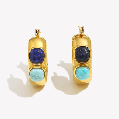 Lapis lazuli and turquoise hoop earrings, gold-tone stainless steel