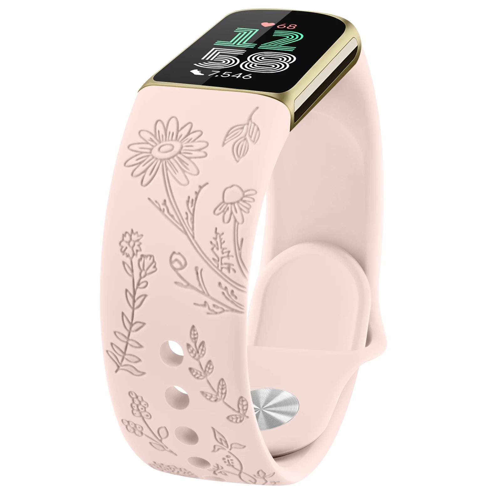Fitbit Charge 5/6 Silicone Flower Engraved Soft Strap in pink, perfect for personalizing your smartwatch experience.
