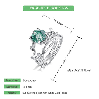 Moss Agate Square Leaf Ring, 925 Sterling Silver - view 9