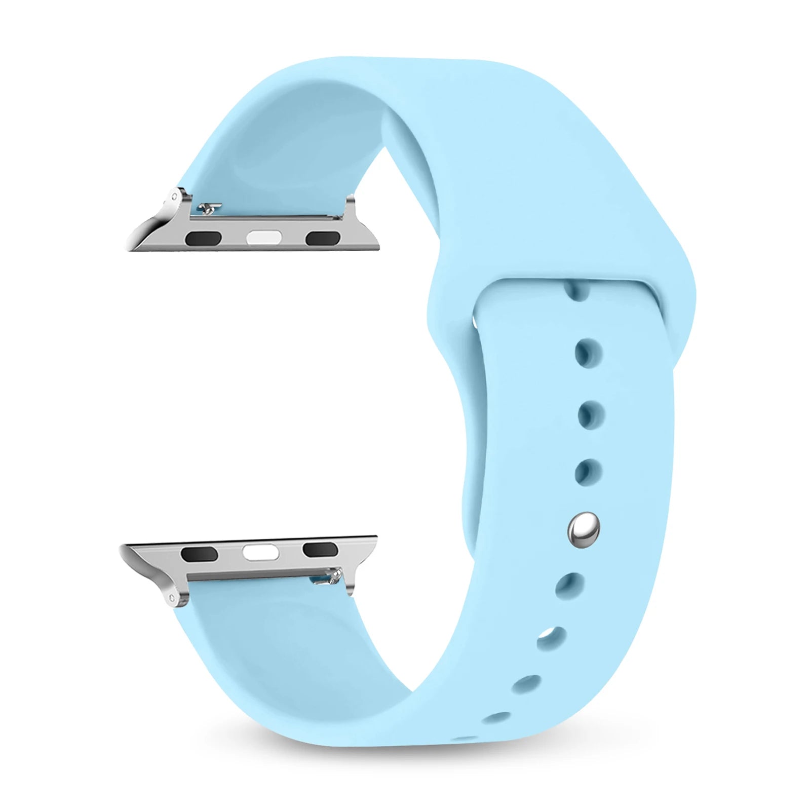 Light blue silicone strap for Apple Watch, comfortable waterproof band for daily wear and workouts.