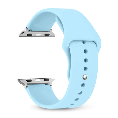 Light blue silicone strap for Apple Watch, comfortable waterproof band for daily wear and workouts.