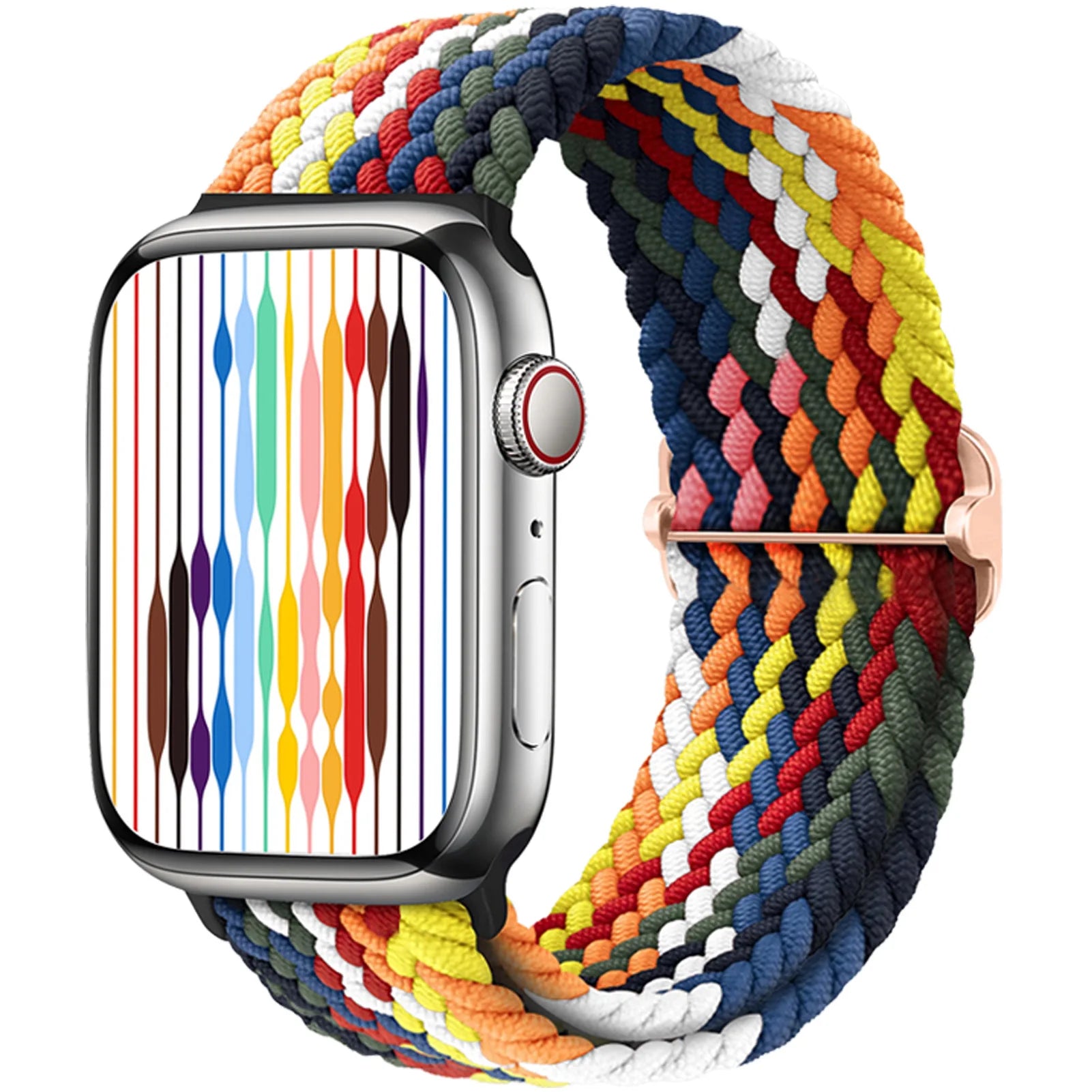 Apple Watch with braided soft elastic nylon strap in vibrant colors, showcasing comfort and style for daily wear.