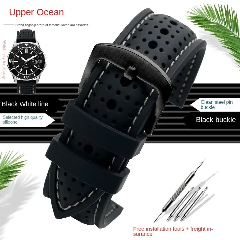 Breathable black silicone watch band with perforations and steel pin buckle, ideal for Suunto watches.