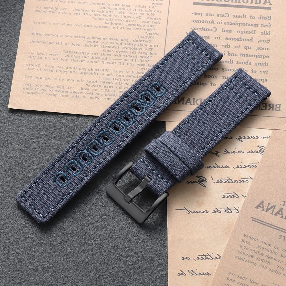 Stitched Canvas Nylon Band in Navy Blue with Black Buckle