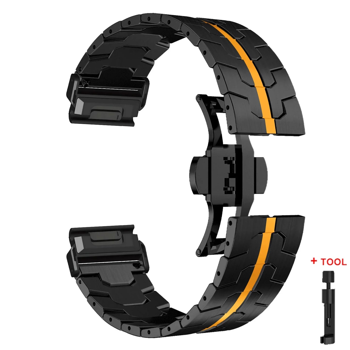 Black and orange Garmin QuickFit stainless steel strap with tool, perfect for stylish smartwatch upgrades.
