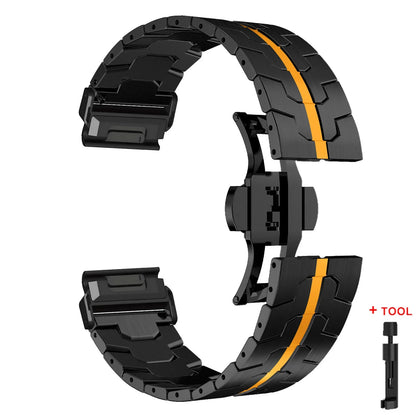 Black and orange Garmin QuickFit stainless steel strap with tool, perfect for stylish smartwatch upgrades.