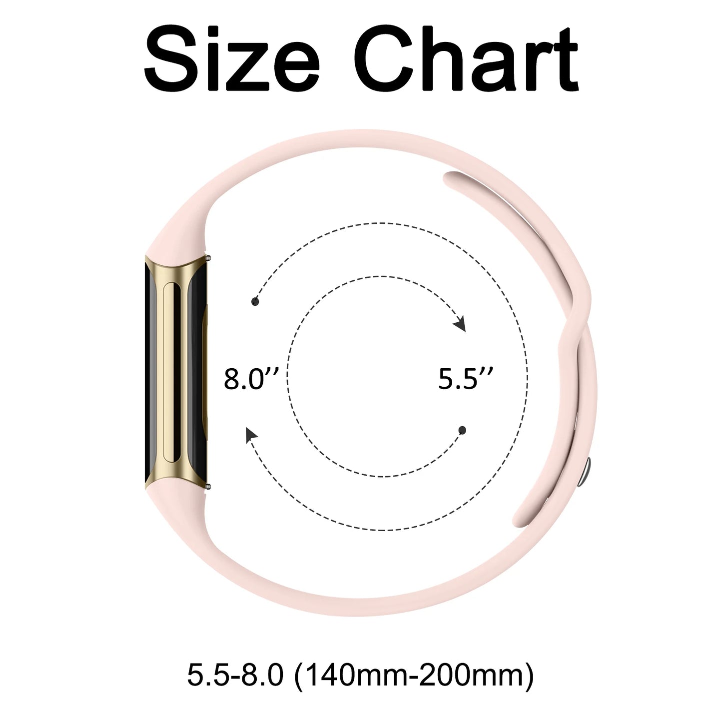 Size chart for Fitbit Charge 5 and 6 silicone flower engraved soft strap, showing sizes 5.5 to 8.0 inches.