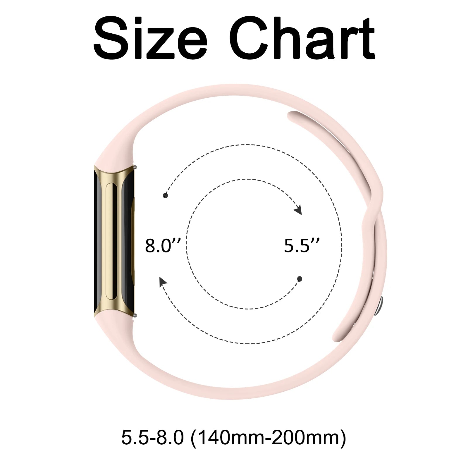 Size chart for Fitbit Charge 5 and 6 silicone flower engraved soft strap, showing sizes 5.5 to 8.0 inches.