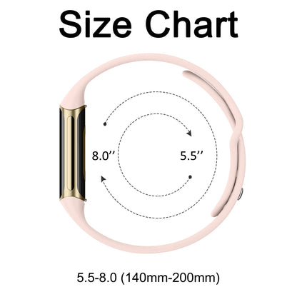 Size chart for Fitbit Charge 5 and 6 silicone flower engraved soft strap, showing sizes 5.5 to 8.0 inches.