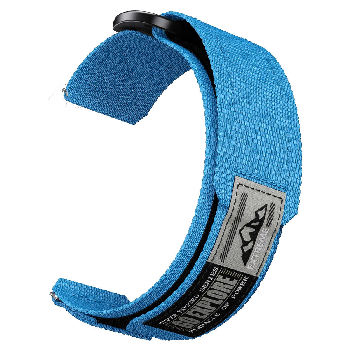 Polar Nylon Sport Loop with GO EXPLORE Patch – blue hook-and-loop strap detail