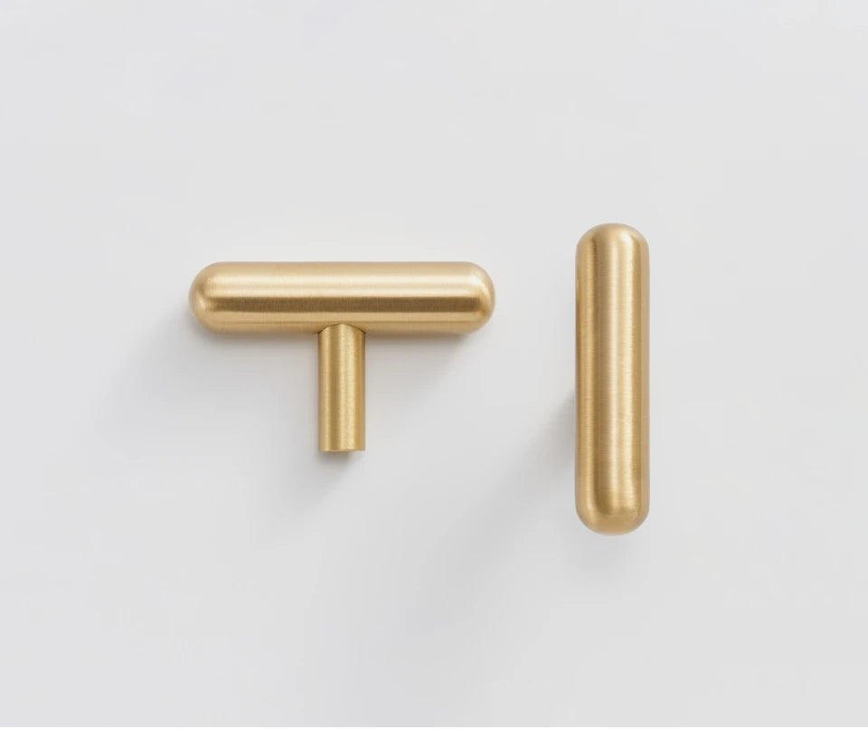 Smooth solid brass T-bar cabinet knob in brushed brass