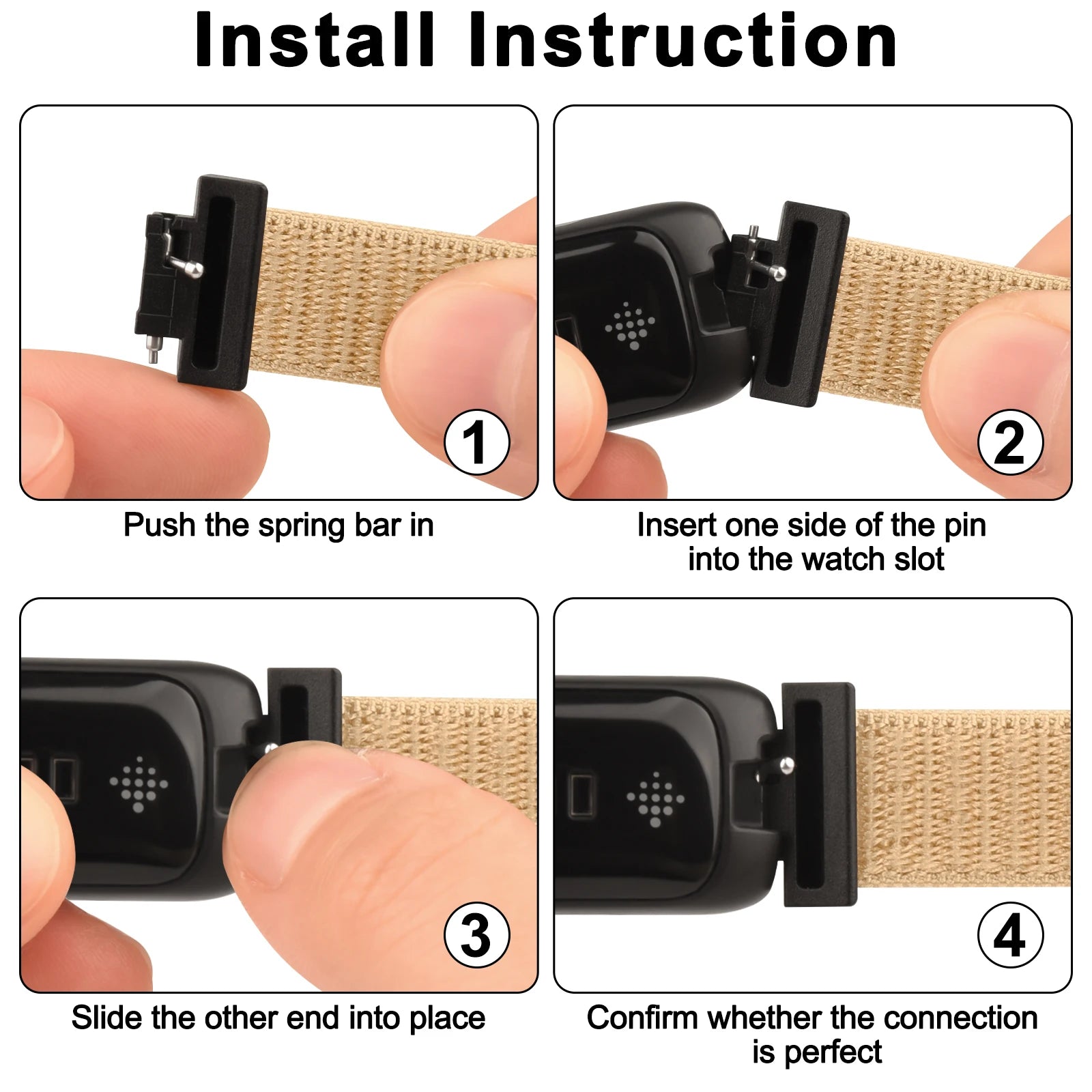 Installation instructions for Fitbit Inspire 3 nylon strap for secure smartwatch attachment.