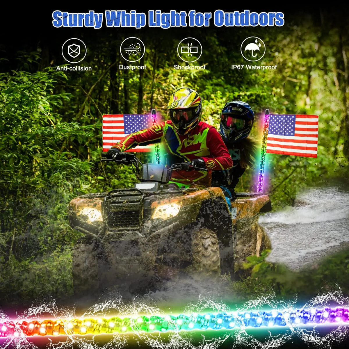 3 ft RGB LED Whip Light for Golf Carts with Remote and Flag