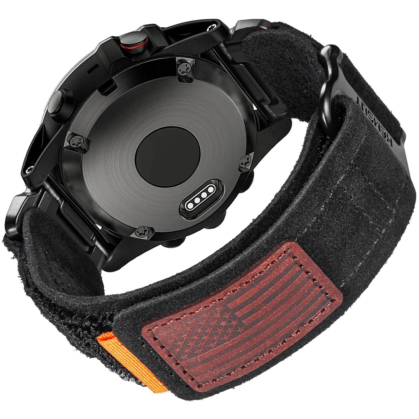 Garmin smartwatch with black strap featuring a leather patch and American flag design, perfect for style and comfort.