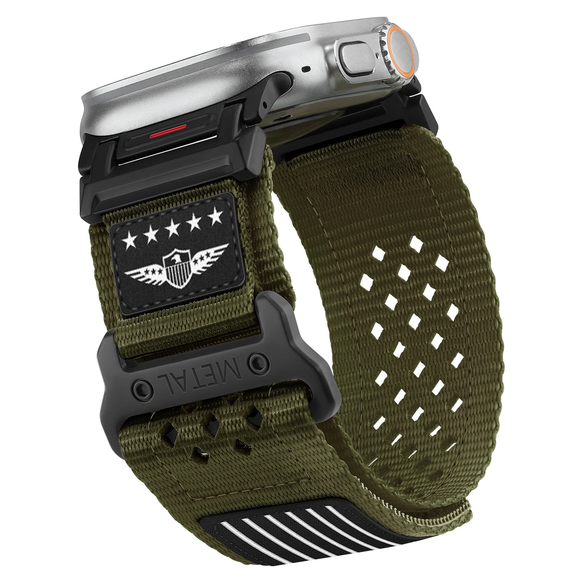 Perforated Nylon Apple Watch Sport Band with Decorative Patches in Olive - Black Patch