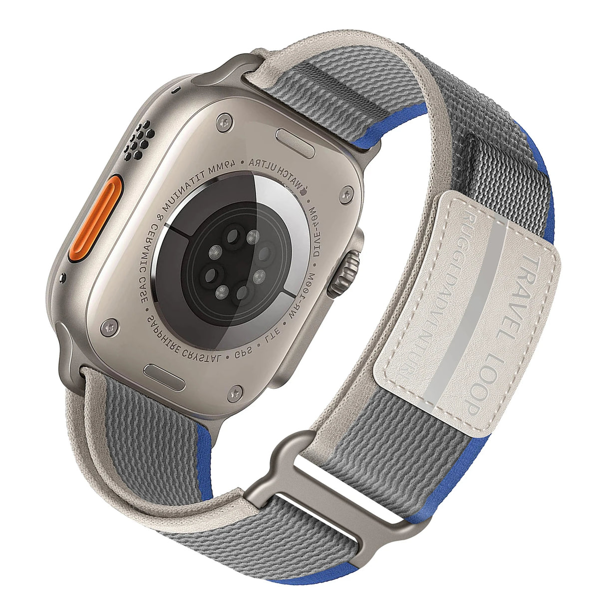 Nylon Trail-Style Apple Watch Loop with Decorative Patch in Gray / Blue - Embossed