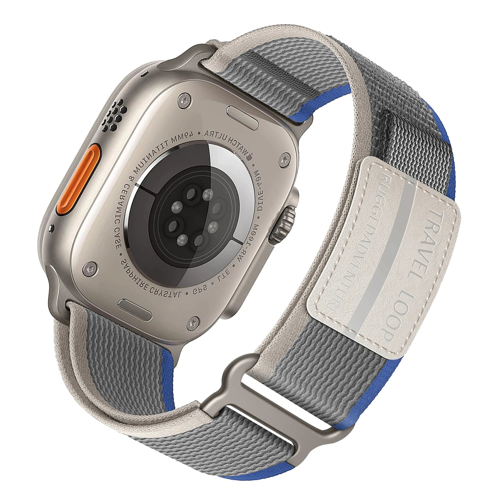 Apple Watch with durable nylon Rugged Trail Loop band, showcasing adjustable fit and rugged design for outdoor activities.