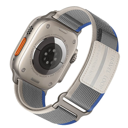 Apple Watch with durable nylon Rugged Trail Loop band, showcasing adjustable fit and rugged design for outdoor activities.
