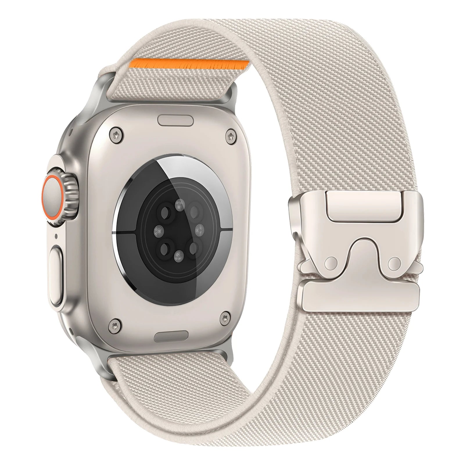 Apple Watch with a flexible nylon strap in light color, featuring a secure buckle and stylish design for comfort and durability.