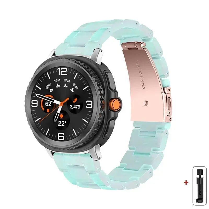 Samsung Galaxy Resin Link Watch Band - Tortoise Women Watch8/Watch8 Classic/Watch9 Ultra/Ultra2 with mint green resin band.