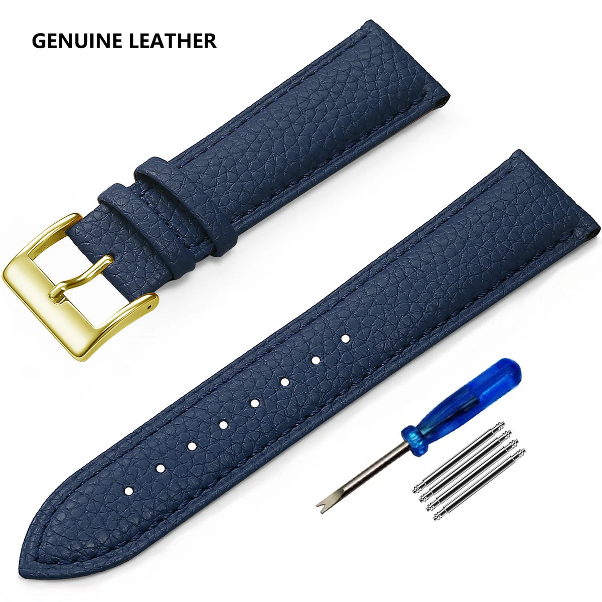Grained Leather Band in Navy Blue with Gold Buckle