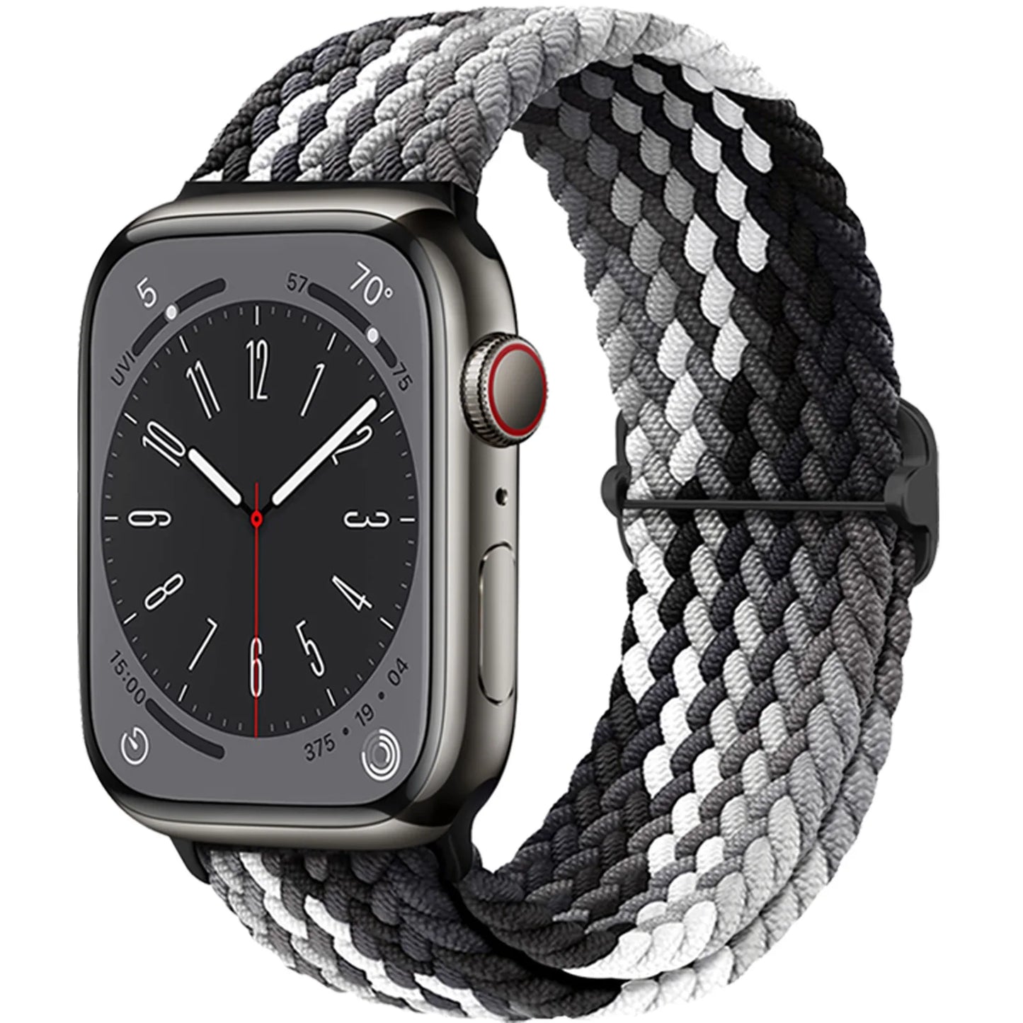 Apple Watch with braided soft elastic nylon strap in black and gray, offering comfort and style for daily wear.