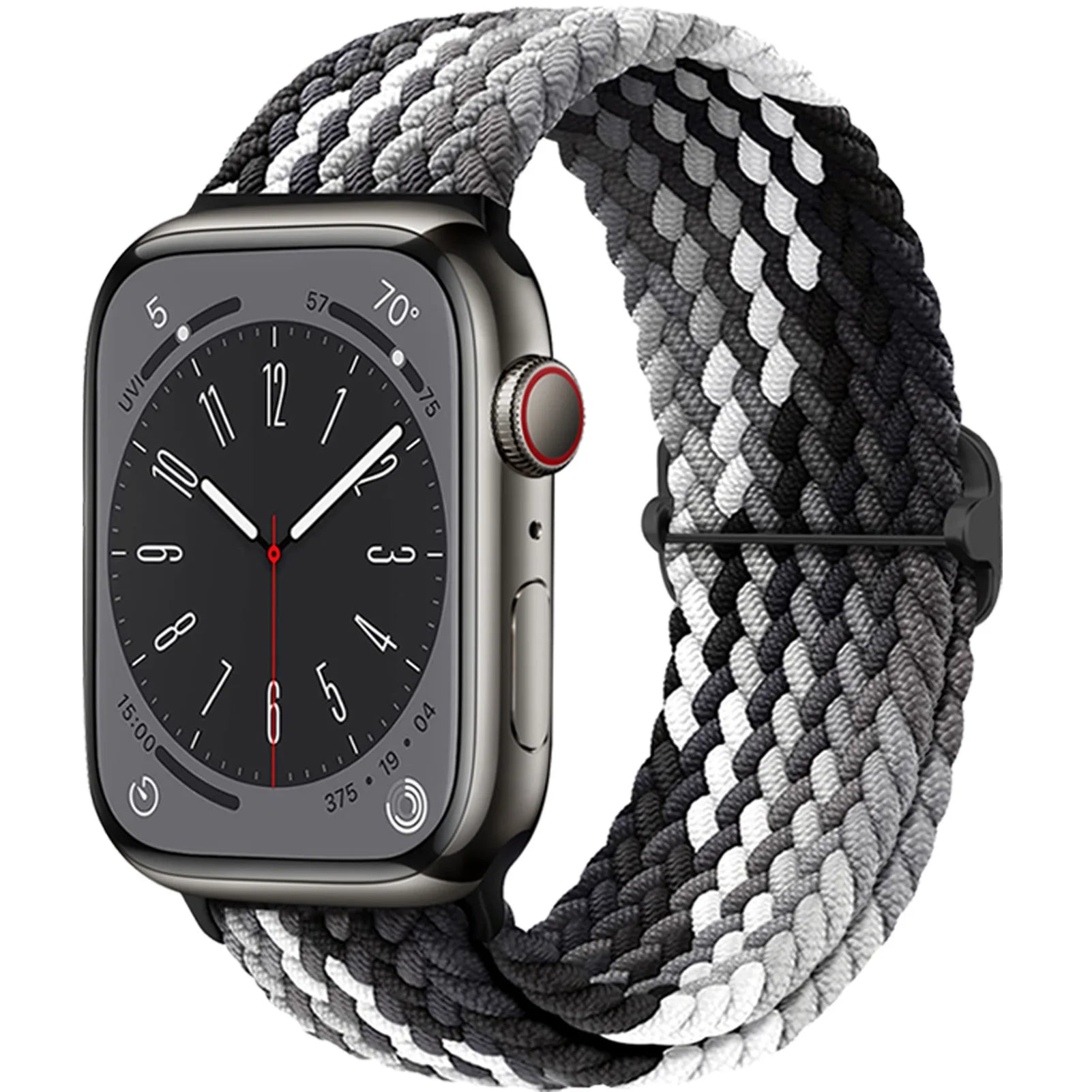 Apple Watch with braided soft elastic nylon strap in black and gray, offering comfort and style for daily wear.