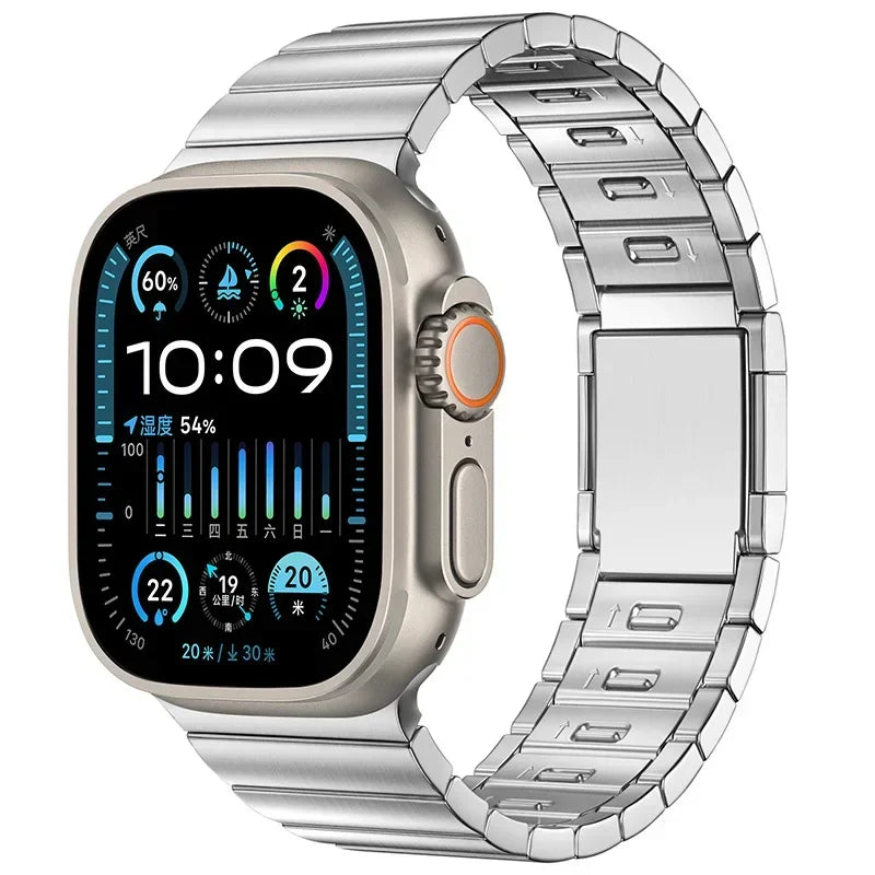 Stylish Apple Watch with stainless steel band and magnetic buckle, showcasing a sleek design and modern features.
