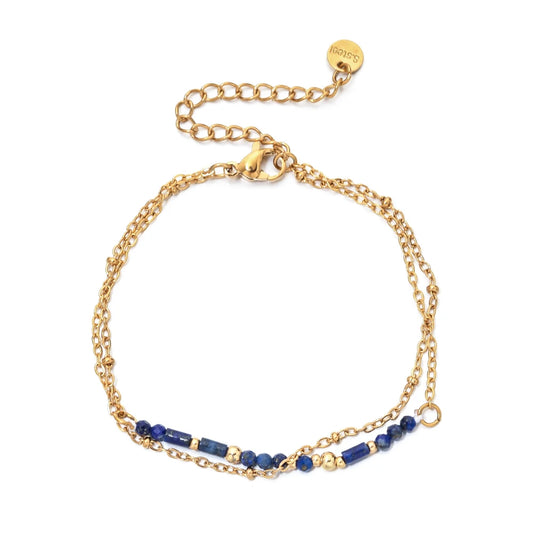 Lapis lazuli bead chain bracelet, gold-tone stainless steel