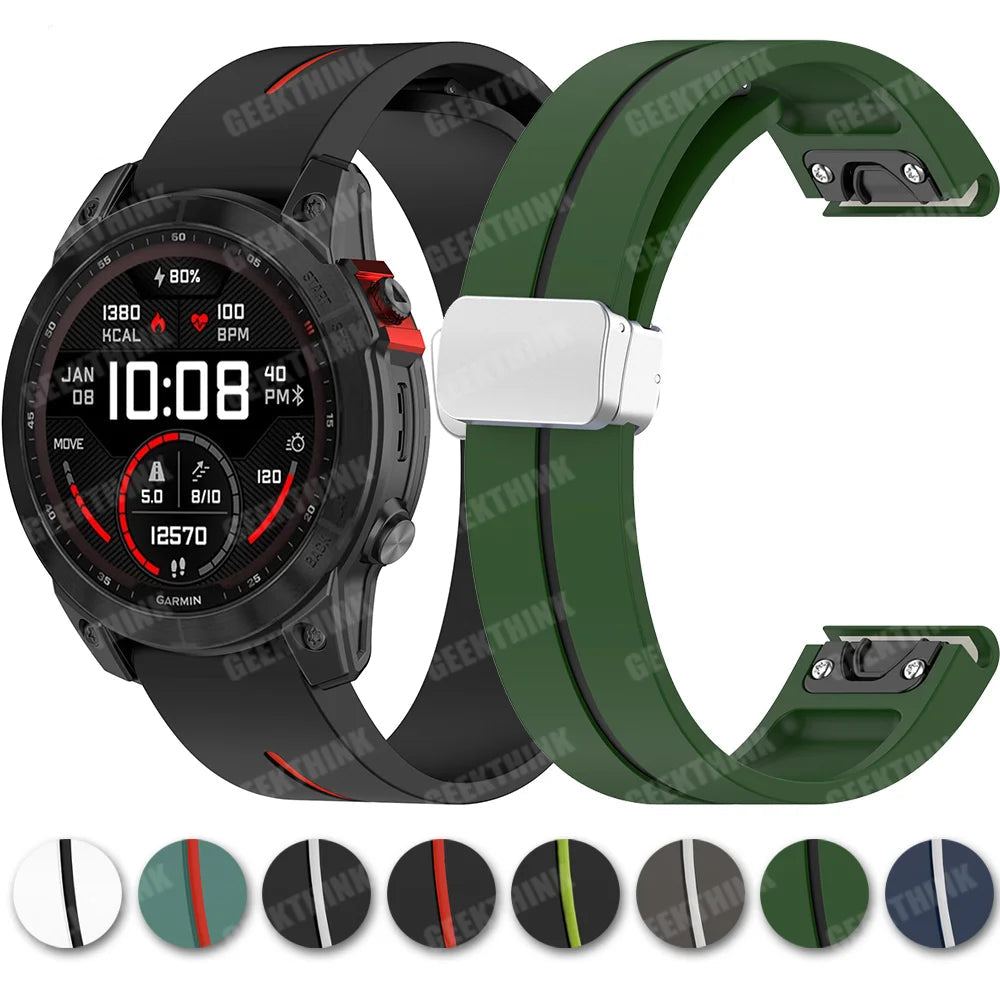 Garmin smartwatch with durable silicone replacement strap options in various colors for a comfortable fit.