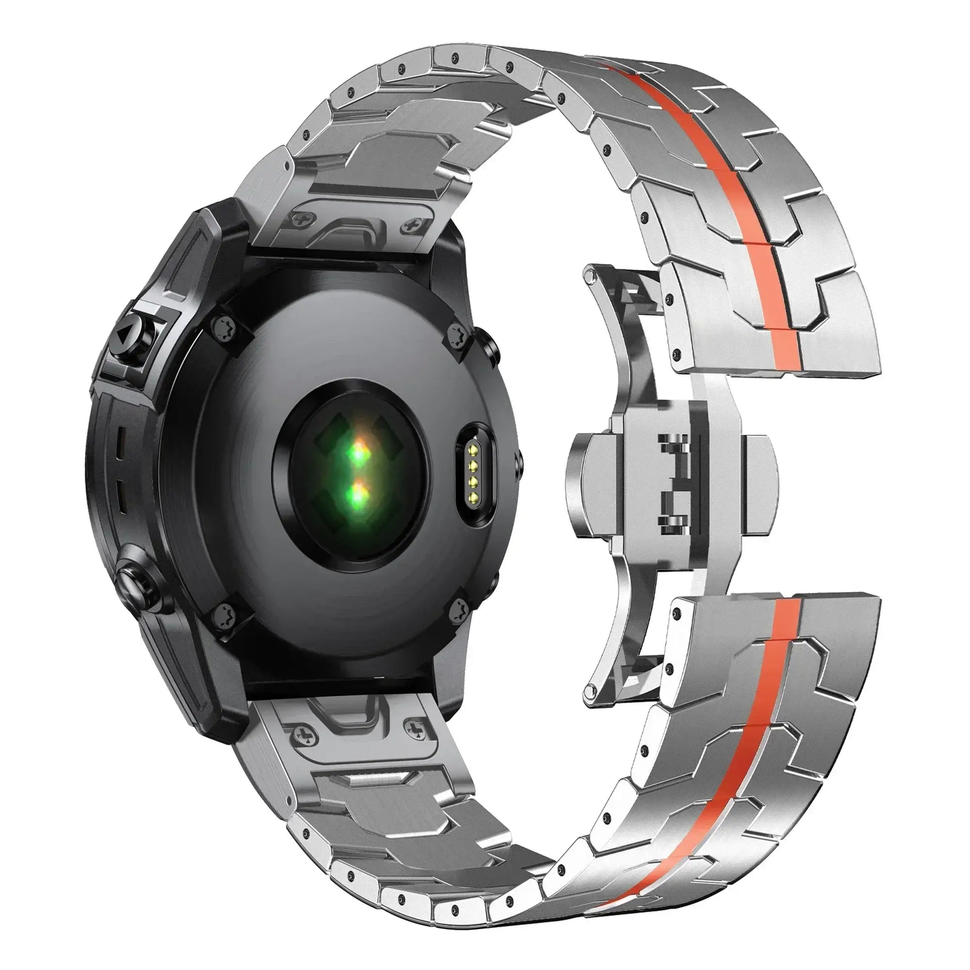 Stylish stainless steel Garmin QuickFit band with sleek design and practical features for daily wear and activities.